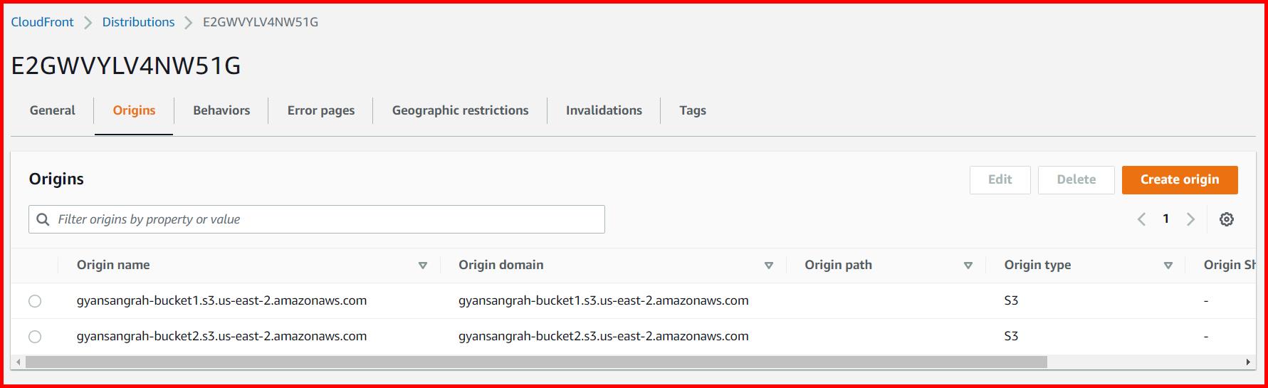 Picture showing the origins added in CloudFront distribution